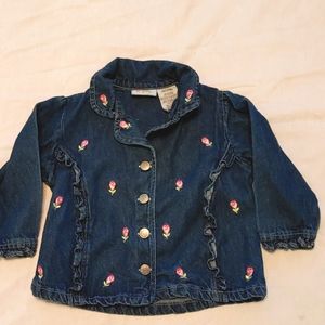 Toddler girl's jean jacket, embroidered roses ruffle front & sleeves, 36 months